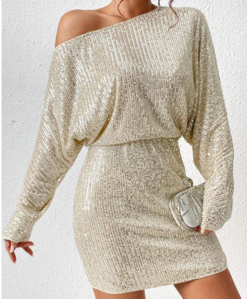 Fashion Oblique Shoulder Sequins Dress Ins Long-sleeved Dresses For Party Women's Clothing