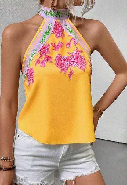 Printed Notched Neck Sleeveless Tank Top