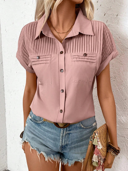 Lapel Shoulder Pleated Pocket Short Sleeve Top ShirtT-shirt Women