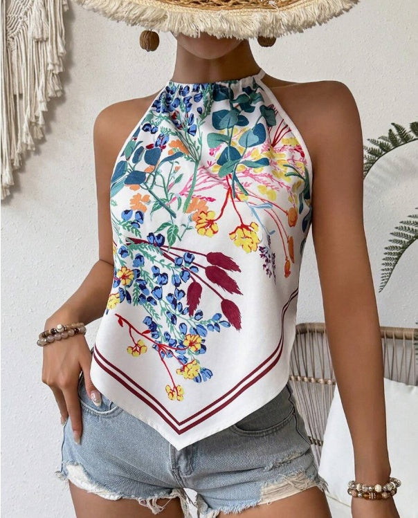 Printed Notched Neck Sleeveless Tank Top