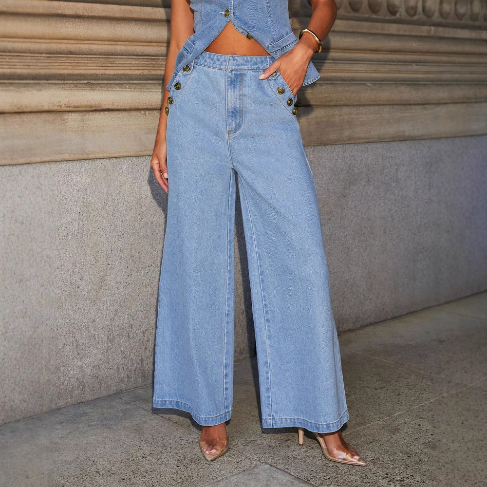 RR PRO Fashion Sleeveless Denim Suit Wide Leg Pants