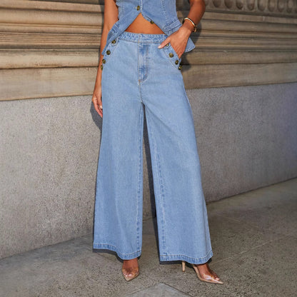 RR PRO Fashion Sleeveless Denim Suit Wide Leg Pants