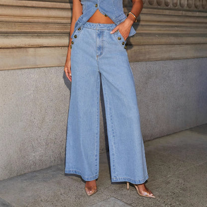 RR PRO Fashion Sleeveless Denim Suit Wide Leg Pants