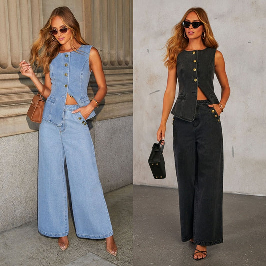 RR PRO Fashion Sleeveless Denim Suit Wide Leg Pants